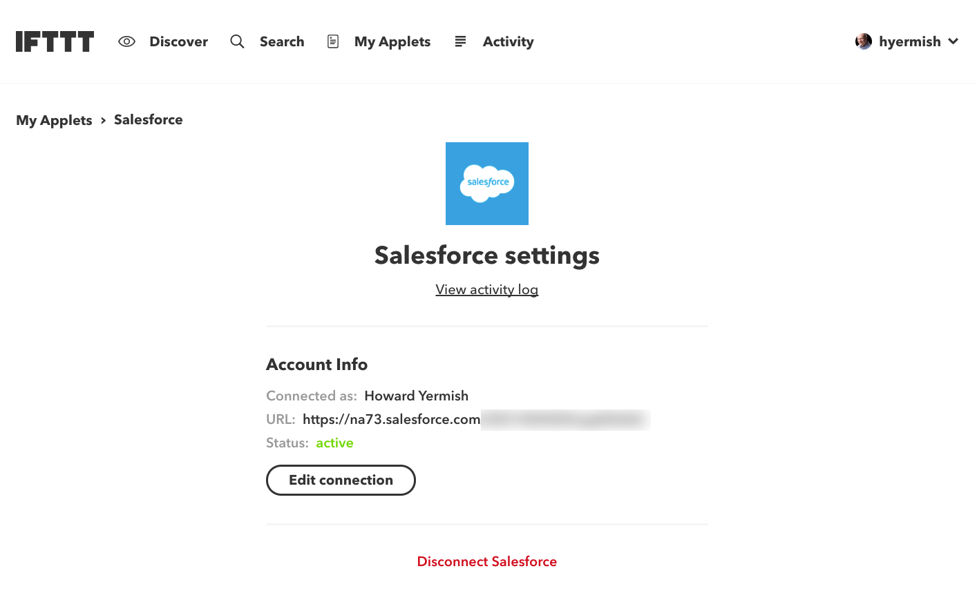 Check the Salesforce settings in IFTTT