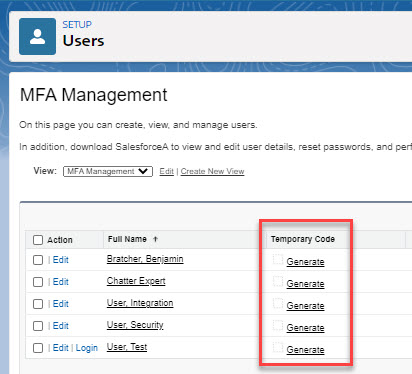 MFA Management User Temporary Code
